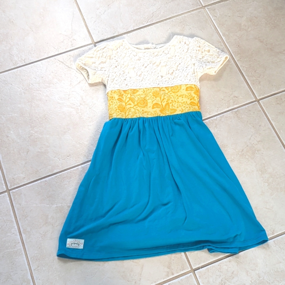 Girls size 8 Persnickety fall, farm, teal, mustard , cream dress
